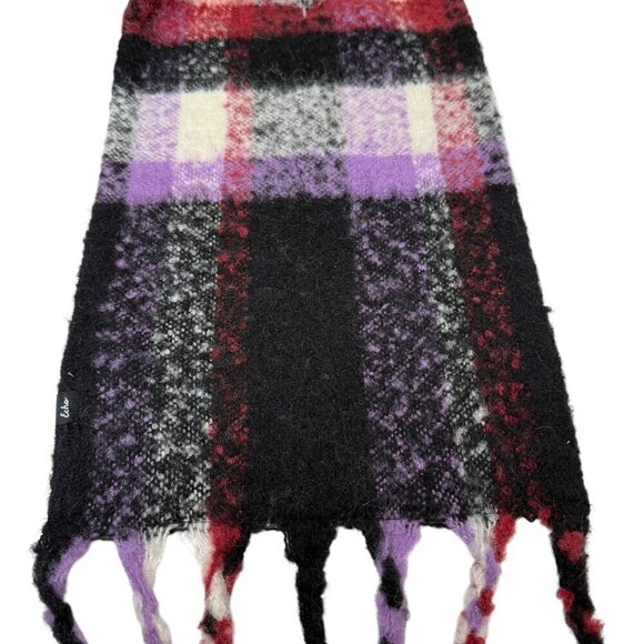 ECHO Wool Blend Scarf Black Plaid Reverse Floral Fringed NWT - Picture 2 of 10